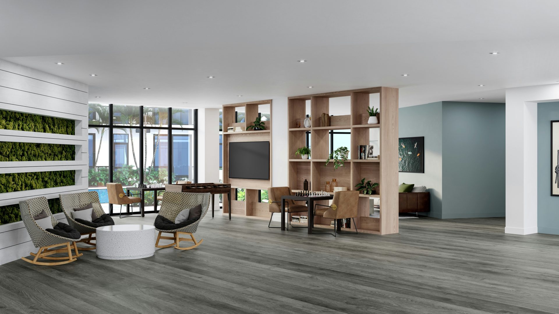 a living room filled with furniture and a large window